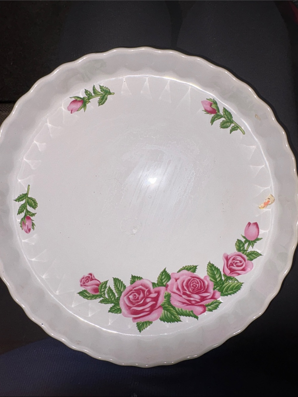 Vintage White Ceramic Serving Platter/Quiche Pink Rose Design